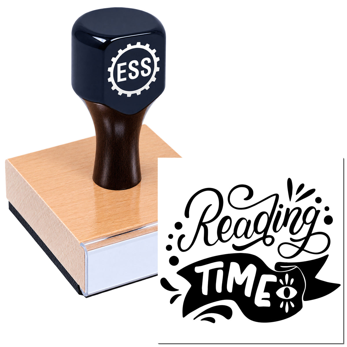 Black ESS rubber stamp on a tan block beside a white "Reading TIME" seal graphic.