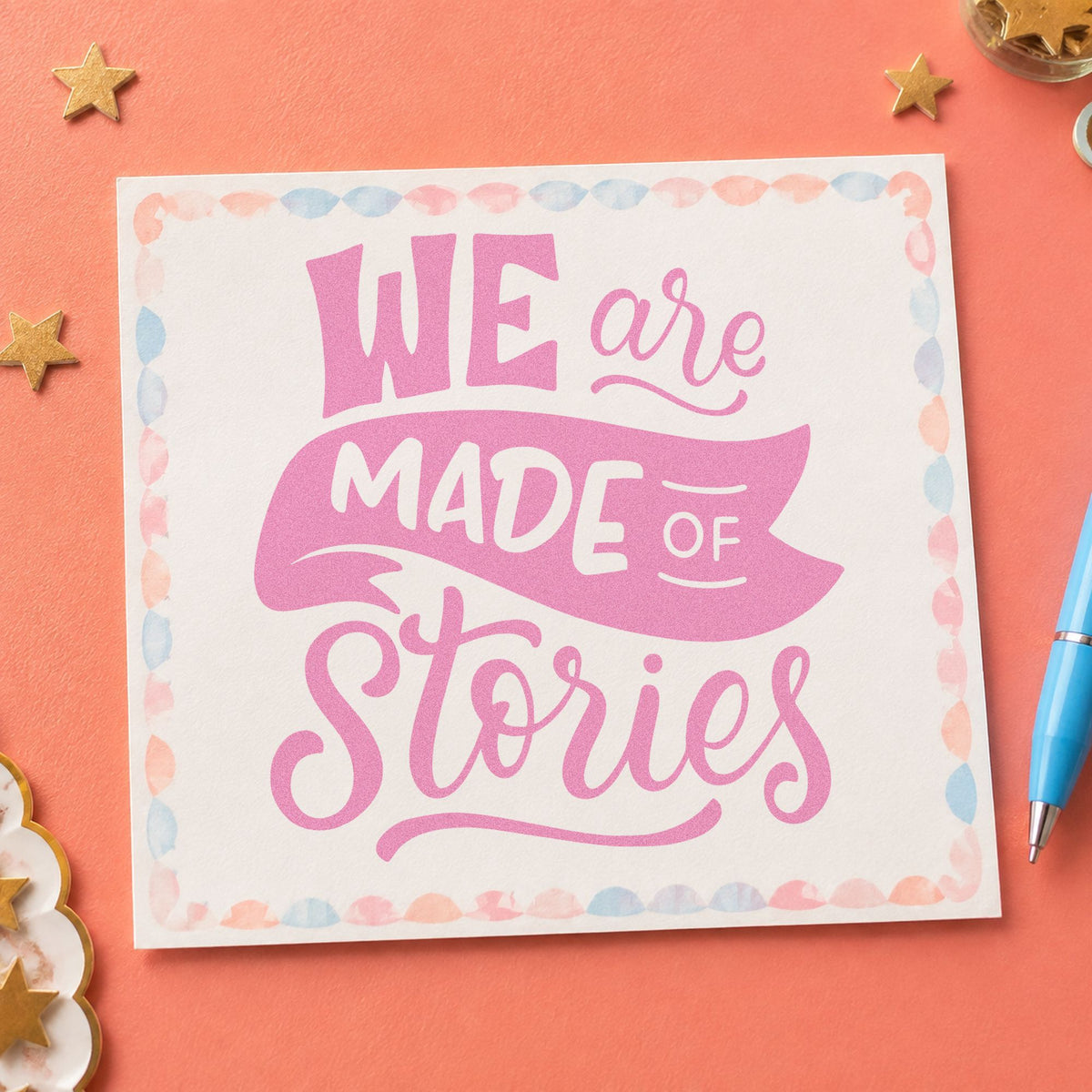 We Are Made Of Stories craft stamp in purple ink on cardstock, an easy option for interview kit tags.
