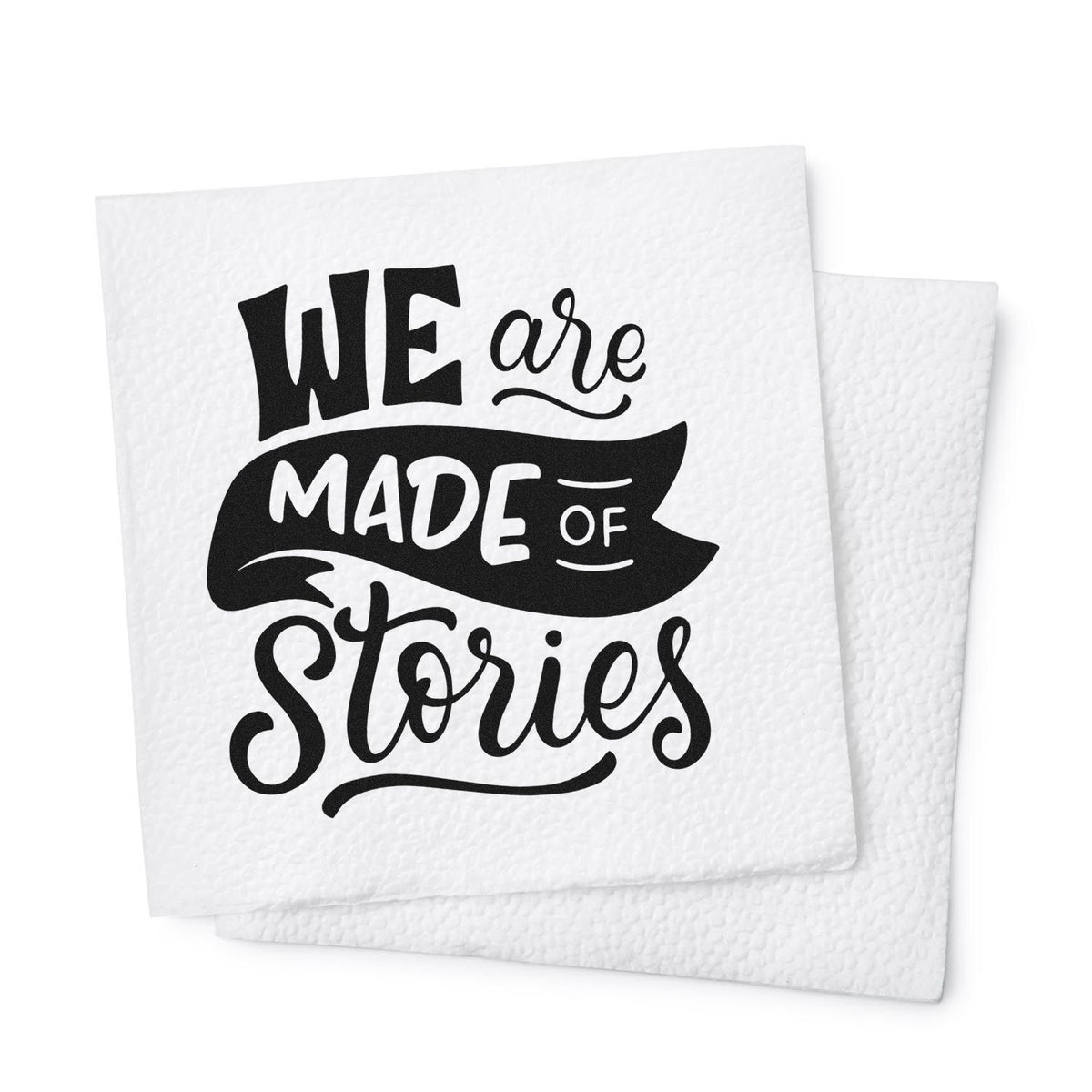 Black WE are MADE OF Stories stamp design on white textured seal squares