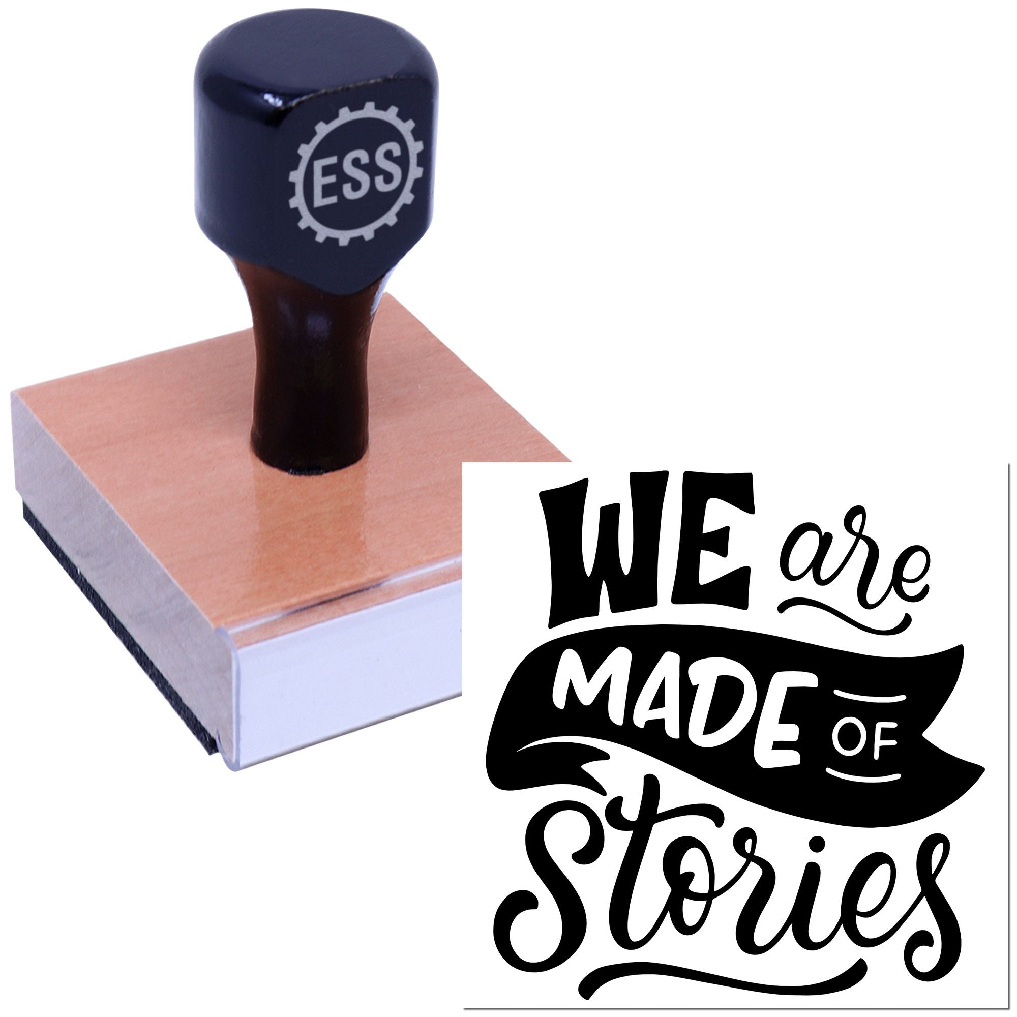 Navy rubber stamp and seal on a peach block, with ESS logo and We are made of Stories design.