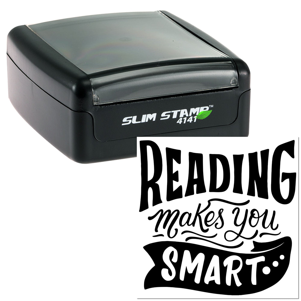 Black Slim Stamp 4141 self-inking stamp with clear top and decorative Reading makes you smart seal design