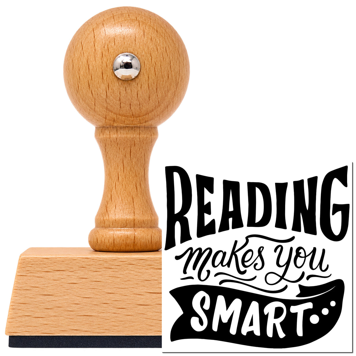 Vintage Pro beech wood stamp with a round knob handle, shown with its black Reading Makes You Smart imprint on white.