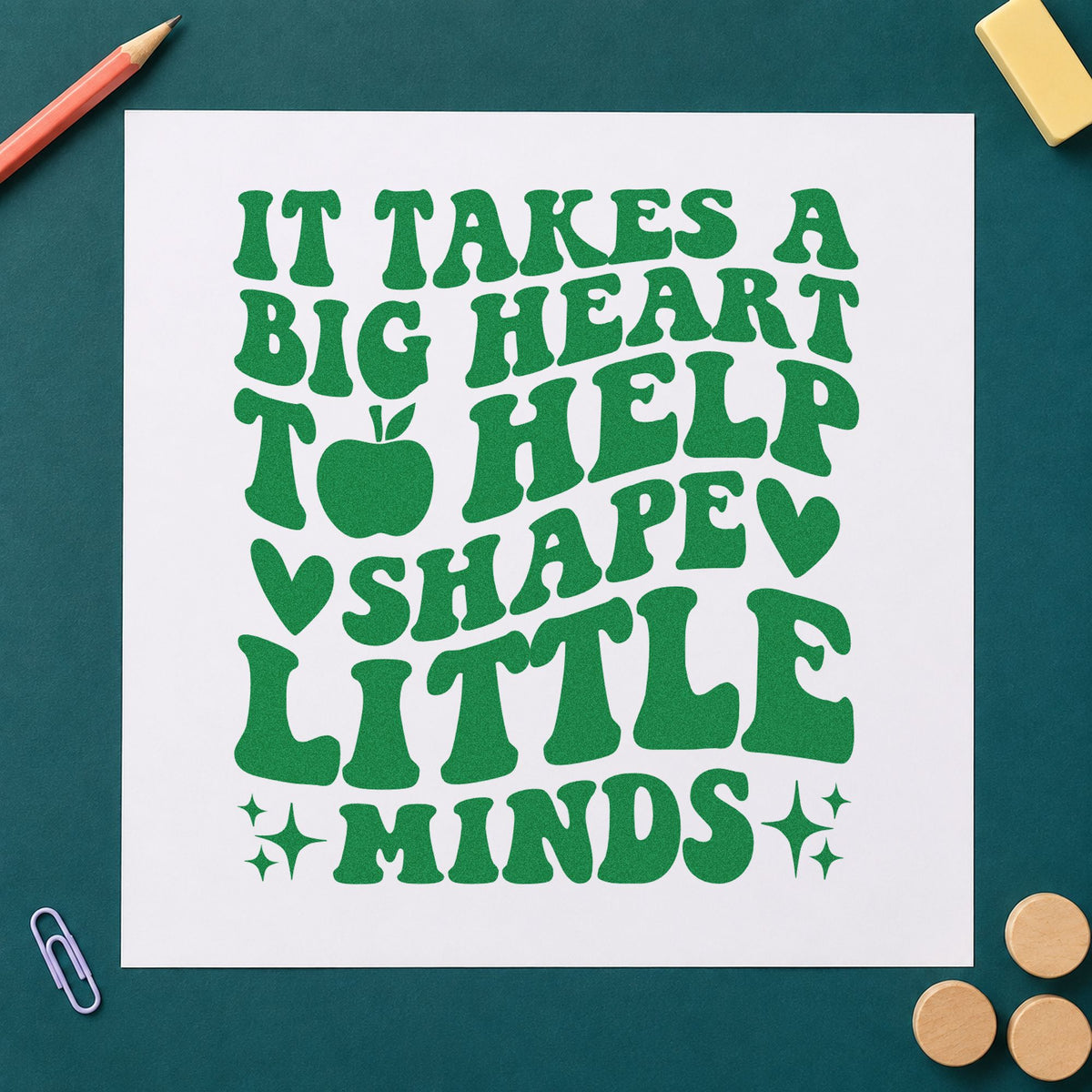 Big Heart Shape Little Minds craft stamp imprint in green ink on a handmade project, one idea being intervention pages.