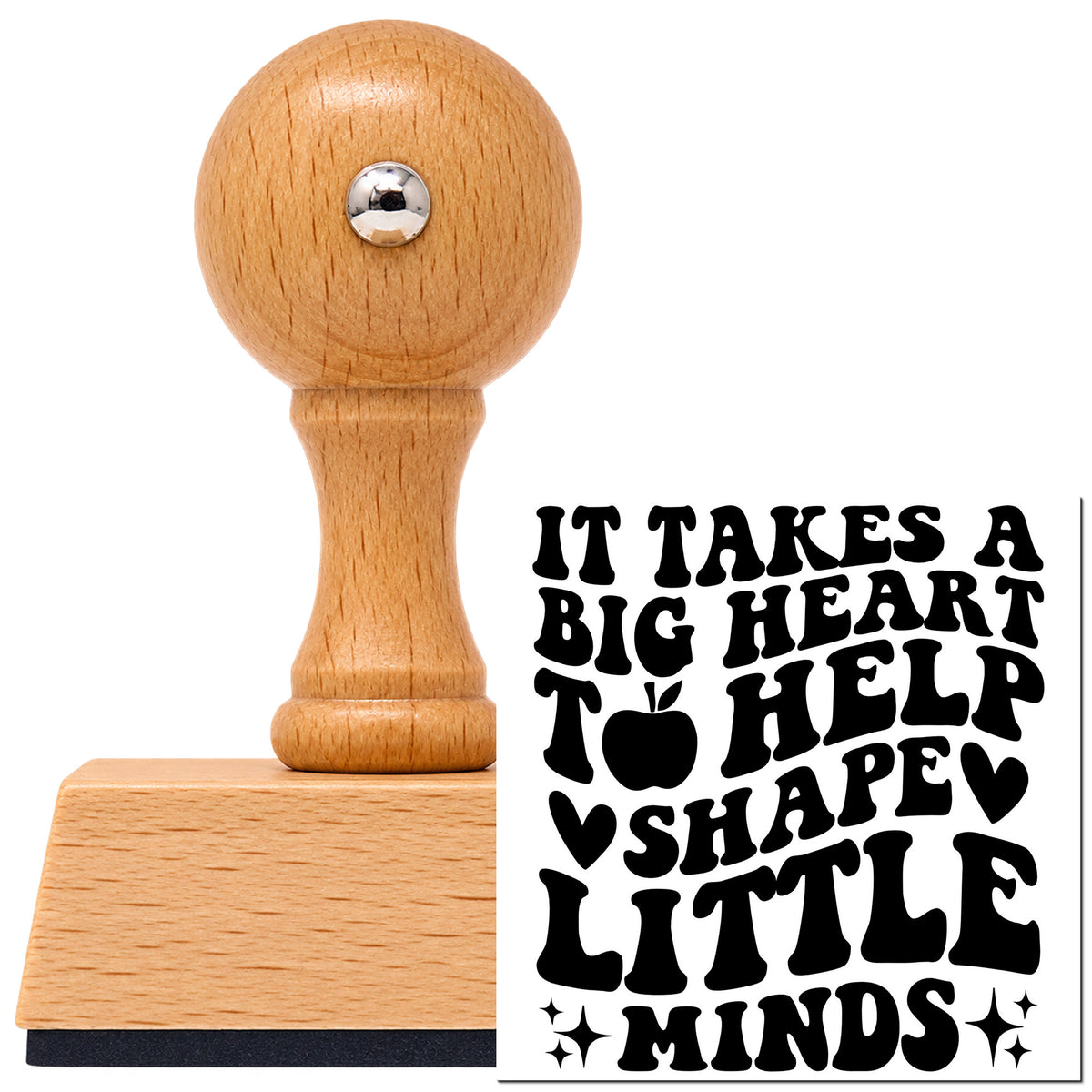 Vintage Pro beech wood stamp with a round knob handle, shown with its black Big Heart Shape Little Minds imprint on white.