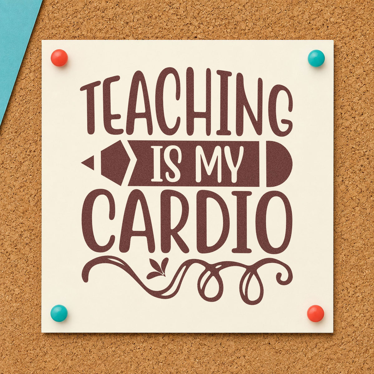 Teaching Cardio Pencil Banner rubber stamp printed in brown ink, ready for kit basket labels and similar paper crafts.