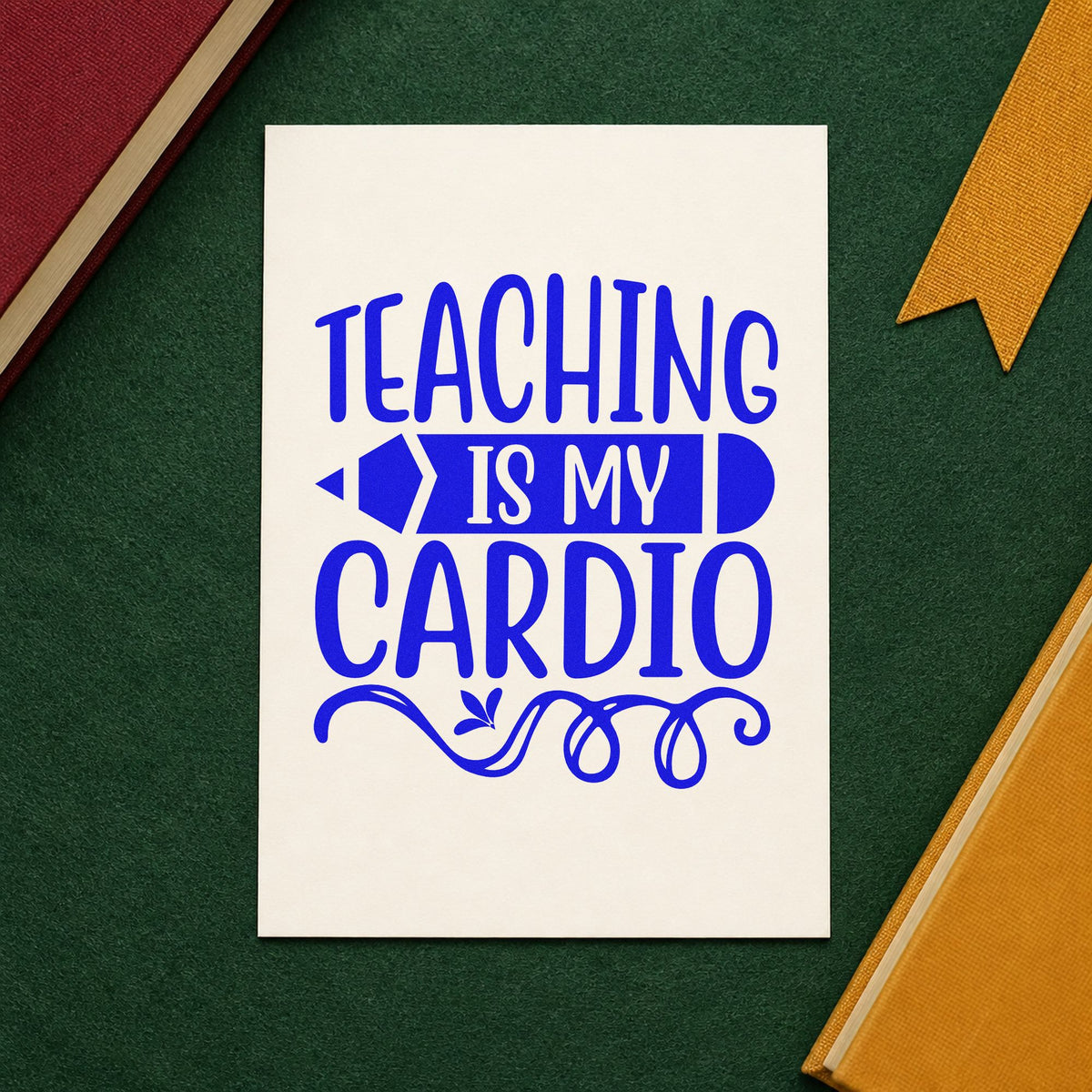 Teaching Cardio Pencil Banner craft stamp in blue ink on cardstock, an easy option for tracksuit panels.