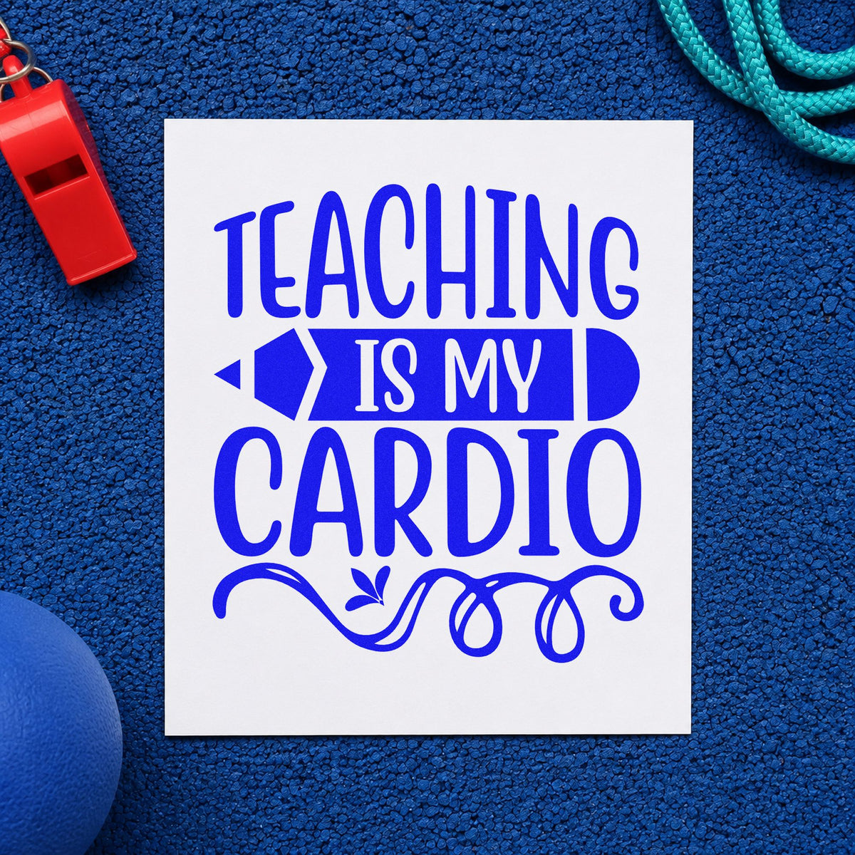 Teaching Cardio Pencil Banner craft stamp imprinted in blue ink on paper, a design suited to fixture pack seals.