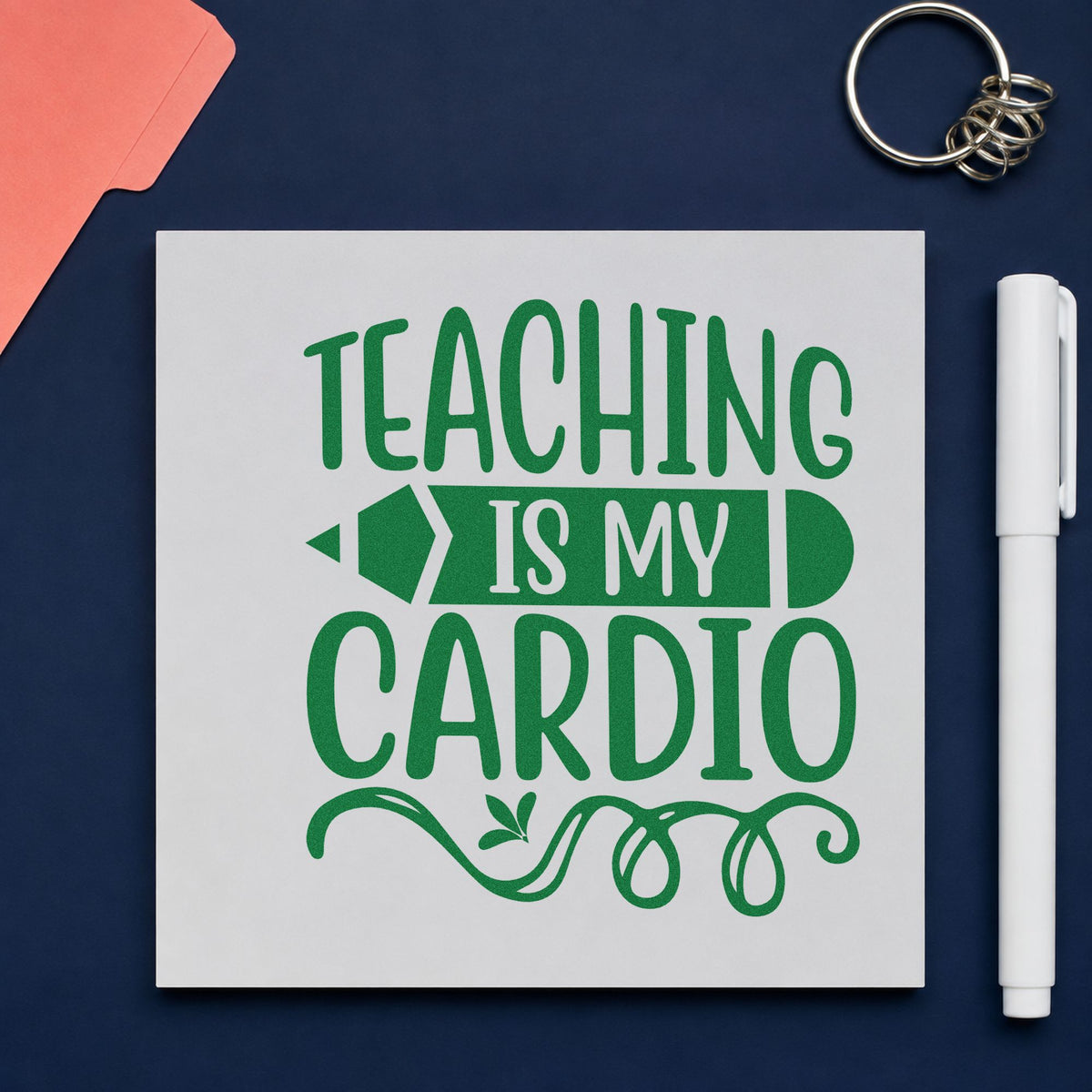 Teaching Cardio Pencil Banner craft stamp imprint in green ink on a handmade project, one idea being framed changing room.