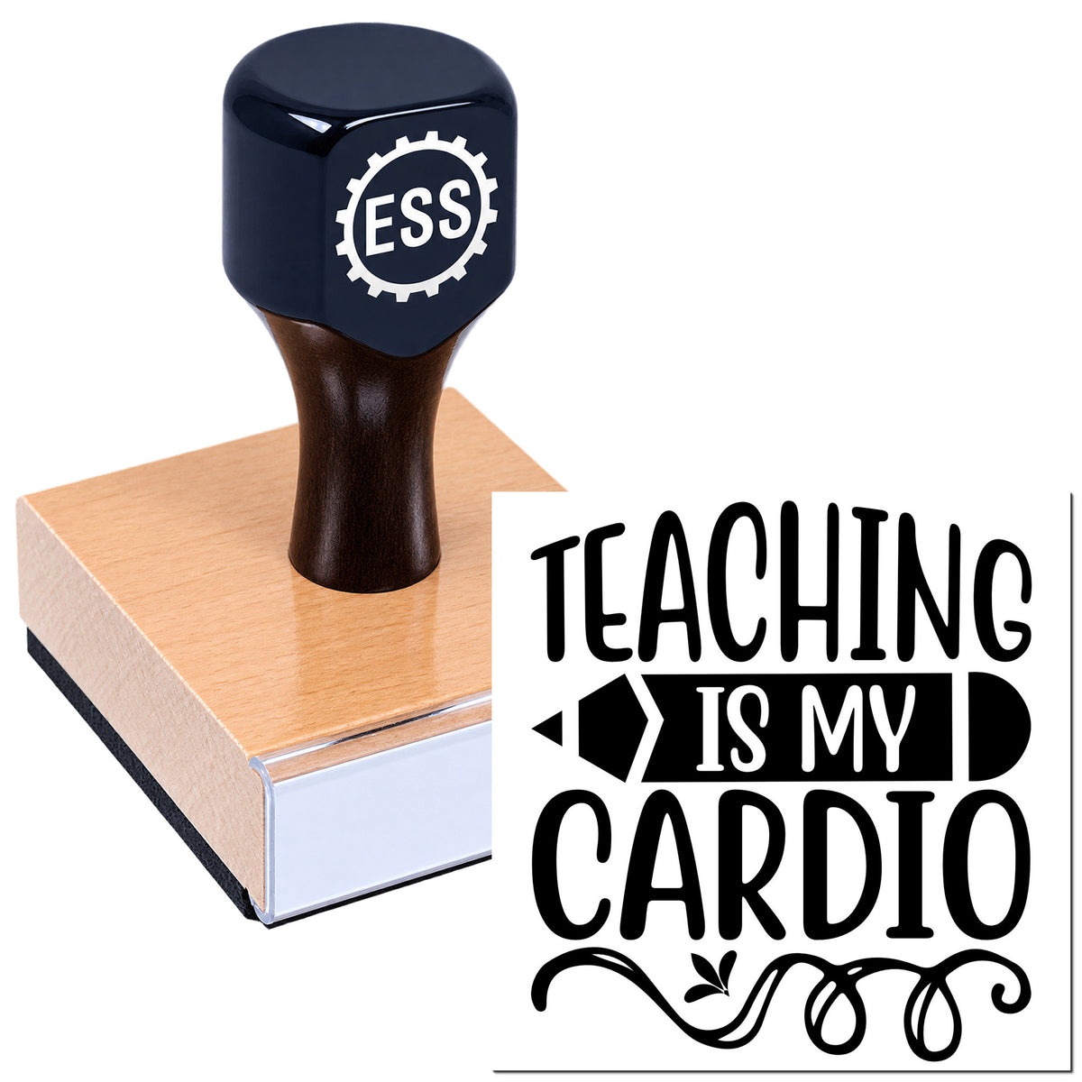 Black ESS rubber stamp on a wooden block next to a bold "Teaching Is My Cardio" seal graphic.