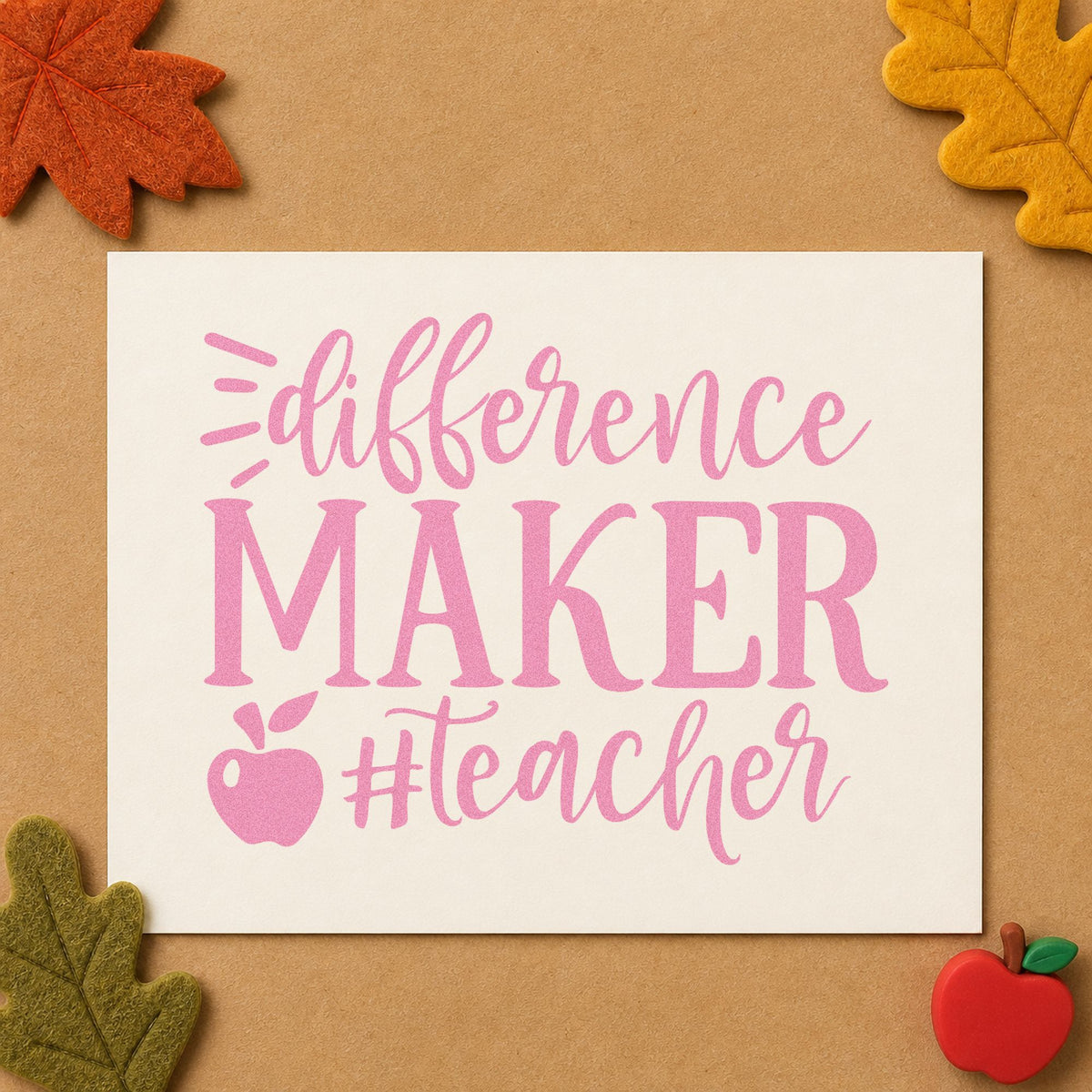 Difference Maker Teacher Apple craft stamp in purple ink on cardstock, an easy option for repost prop tags.