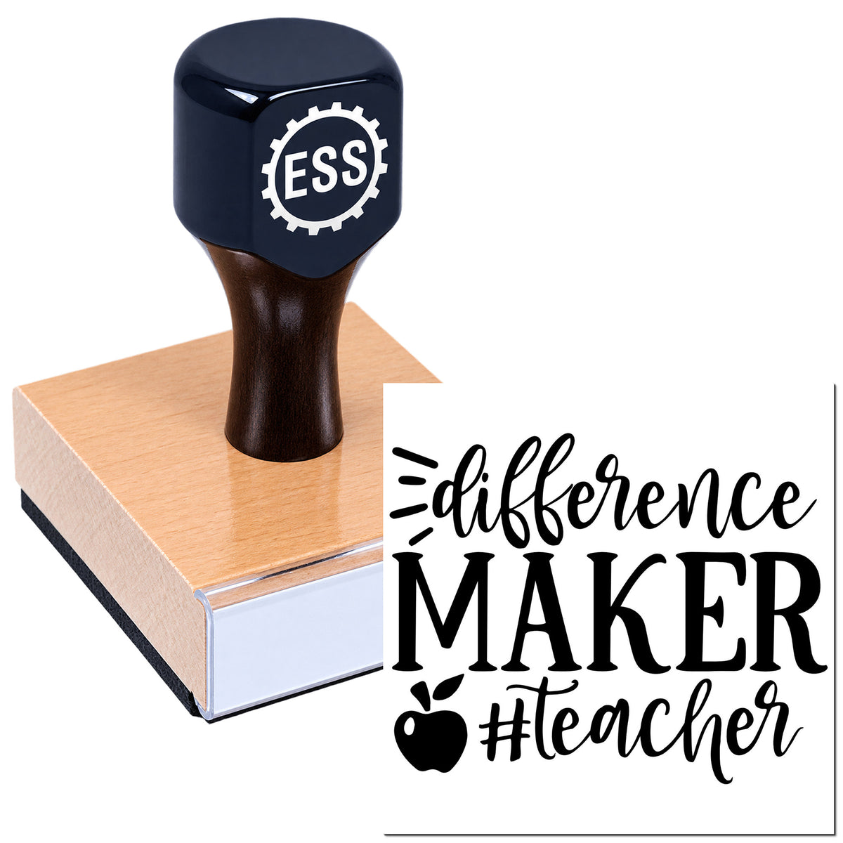 Navy ESS custom rubber stamp seal on wood block with "difference maker teacher" lettering and apple icon.