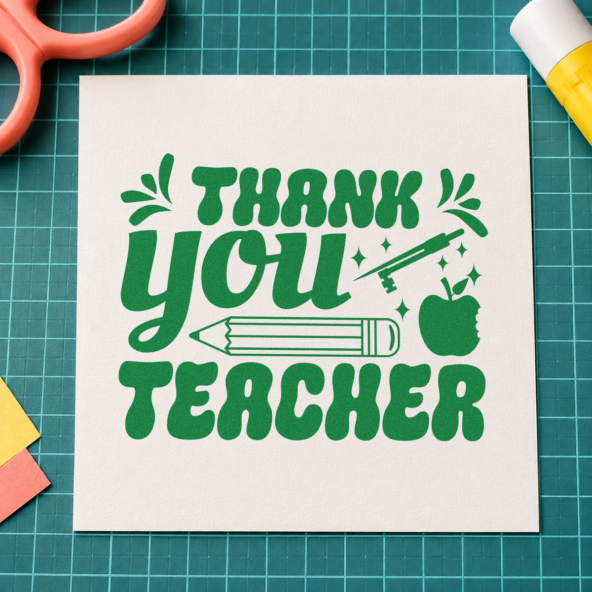 Thank You Teacher Pencil craft stamp imprint in green ink on a handmade project, one idea being collection pages.