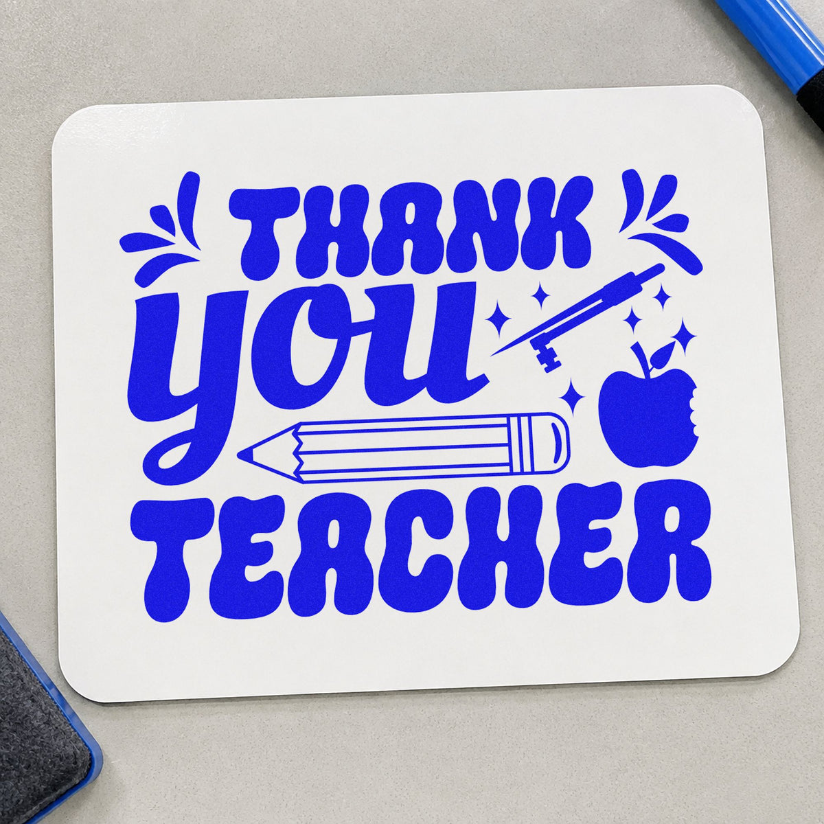 Thank You Teacher Pencil craft stamp in blue ink on cardstock, an easy option for bunting row panels.