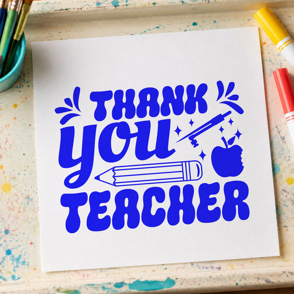 Thank You Teacher Pencil craft stamp imprinted in blue ink on paper, a design suited to envelope flap seals.