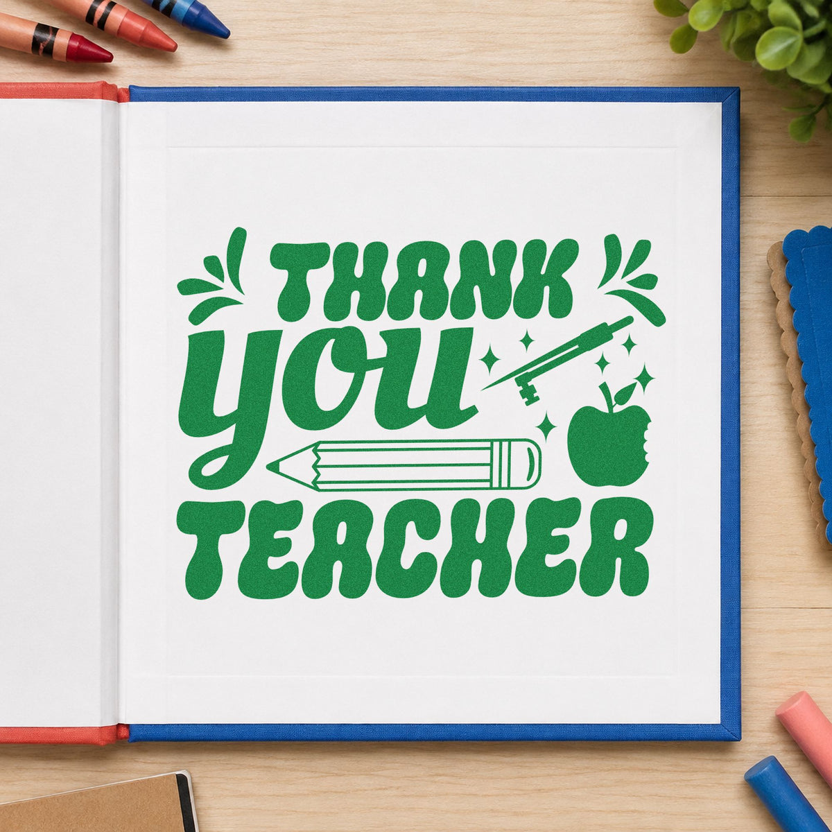 Thank You Teacher Pencil craft stamp imprint in green ink on a handmade project, one idea being framed entrance thanks.