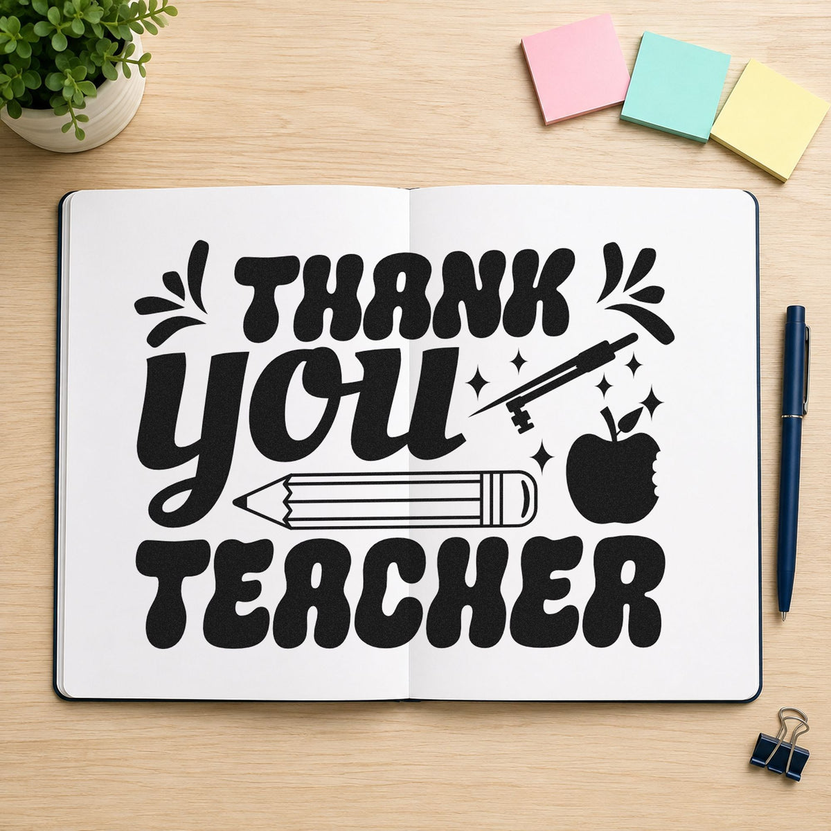 Thank You Teacher Pencil rubber stamp printed in black ink, ready for thank you cards and similar paper crafts.