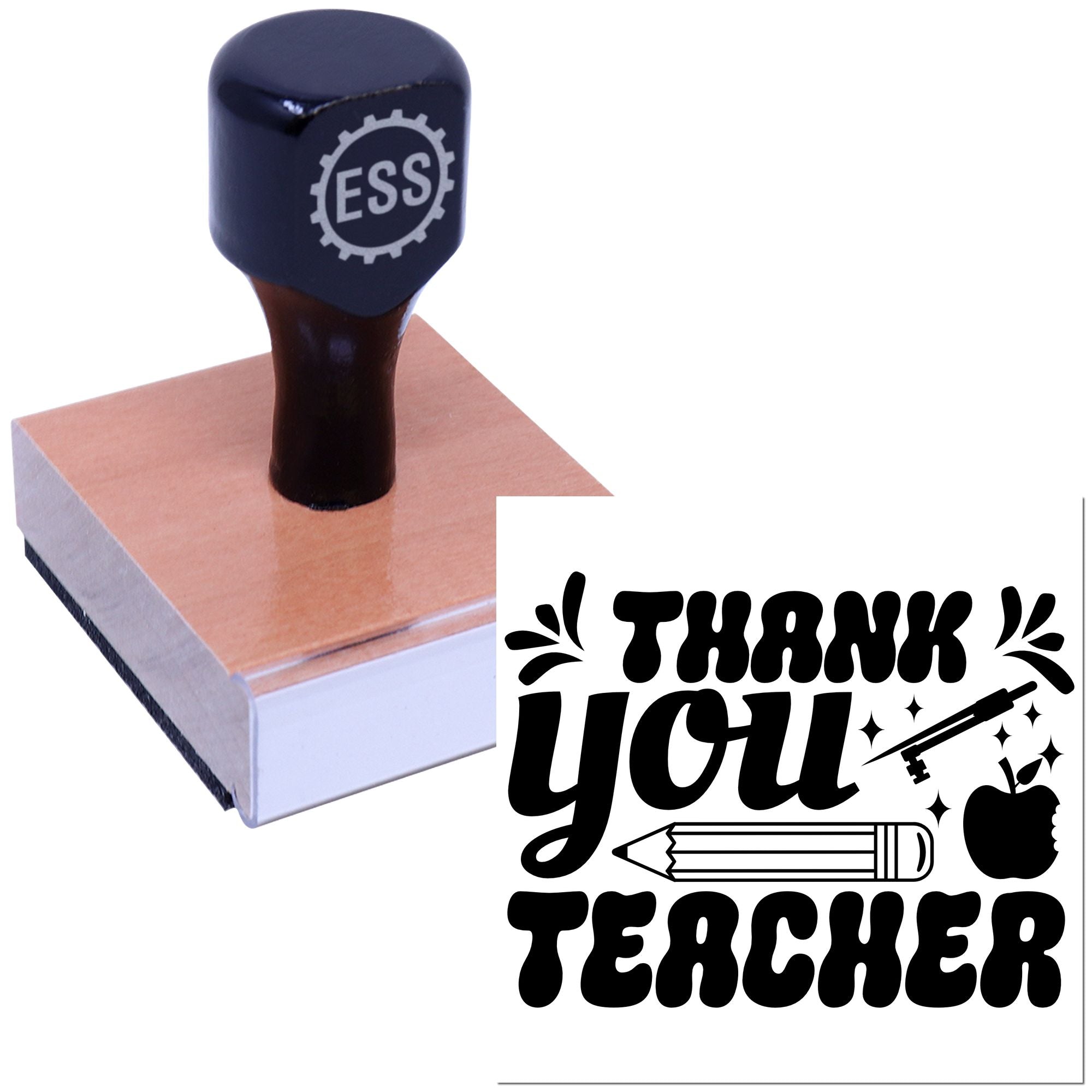 Black ESS rubber stamp on pink base with bold Thank You Teacher seal, apple, pencil, and sparkles.
