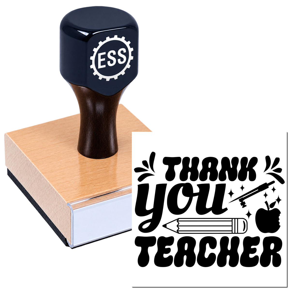 Black ESS rubber stamp on pink base with bold "Thank You Teacher" seal, apple, pencil, and sparkles.