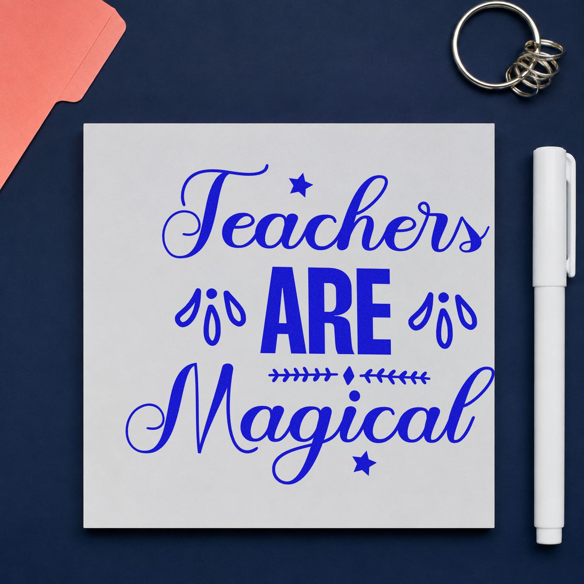 Teachers Are Magical craft stamp in blue ink on cardstock, an easy option for cloak hem panels.