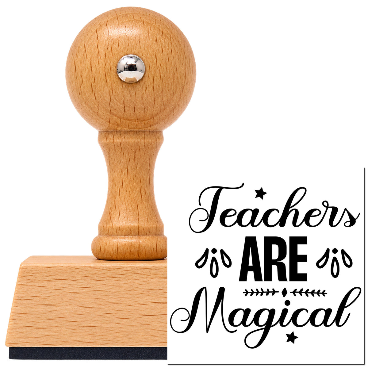 Vintage Pro beech wood stamp with a round knob handle, shown with its black Teachers Are Magical Leaf Accents imprint on white.