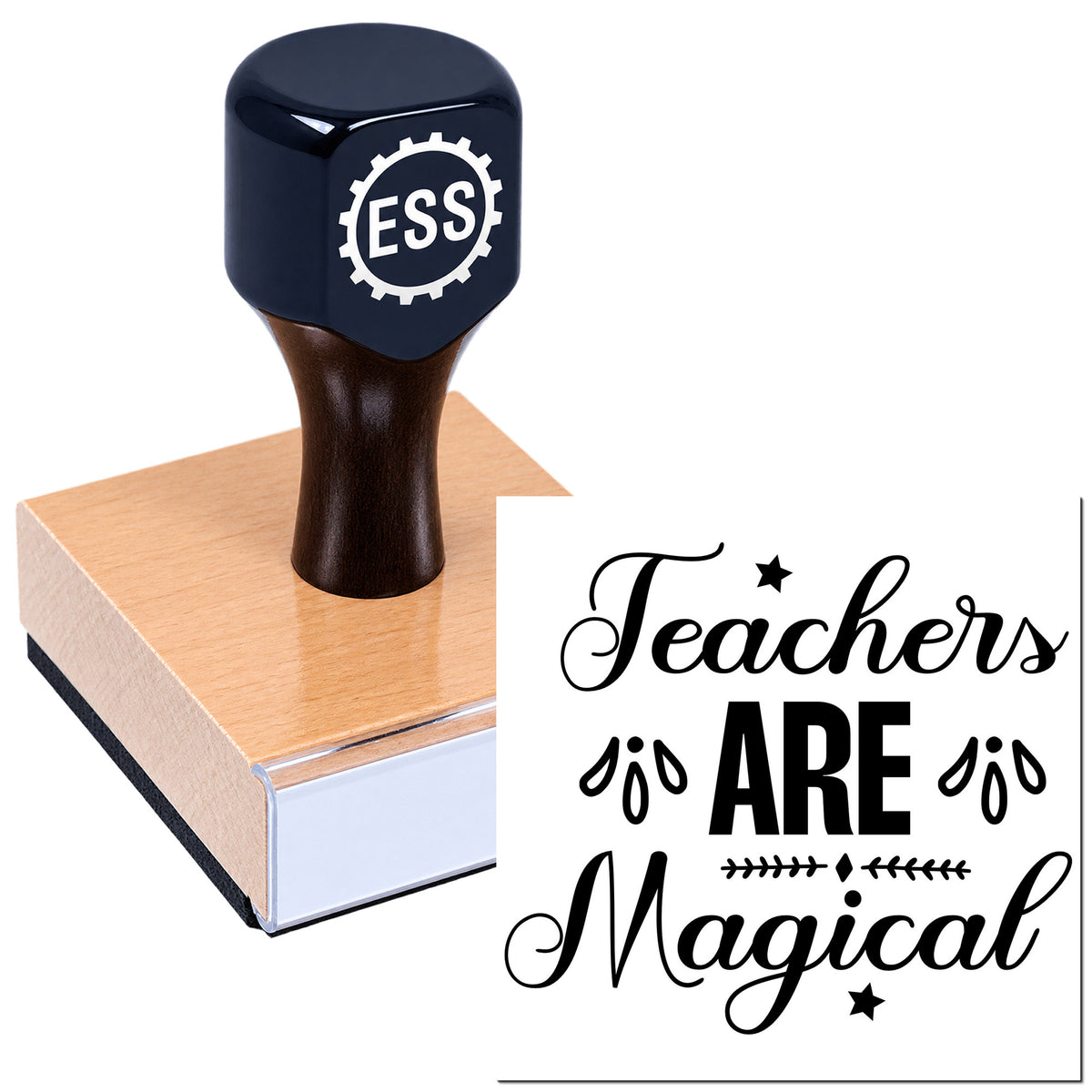 Navy ESS teacher stamp with wooden base and black ink-style seal reading "Teachers Are Magical."