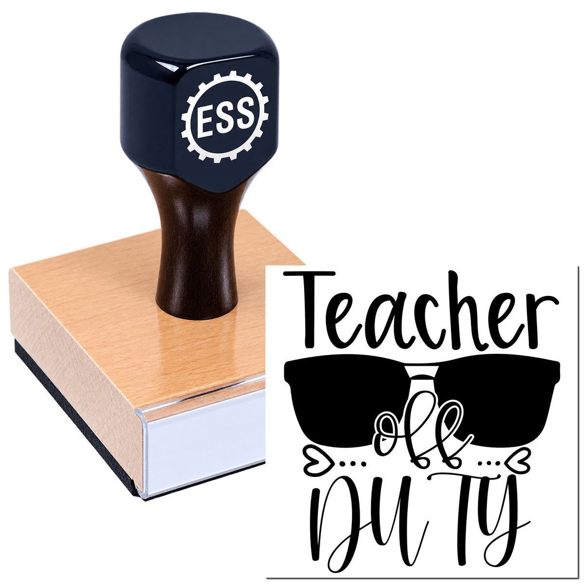Black self-inking teacher stamp with ESS logo on a pink seal block, beside a "Teacher off duty" graphic with sunglasses.