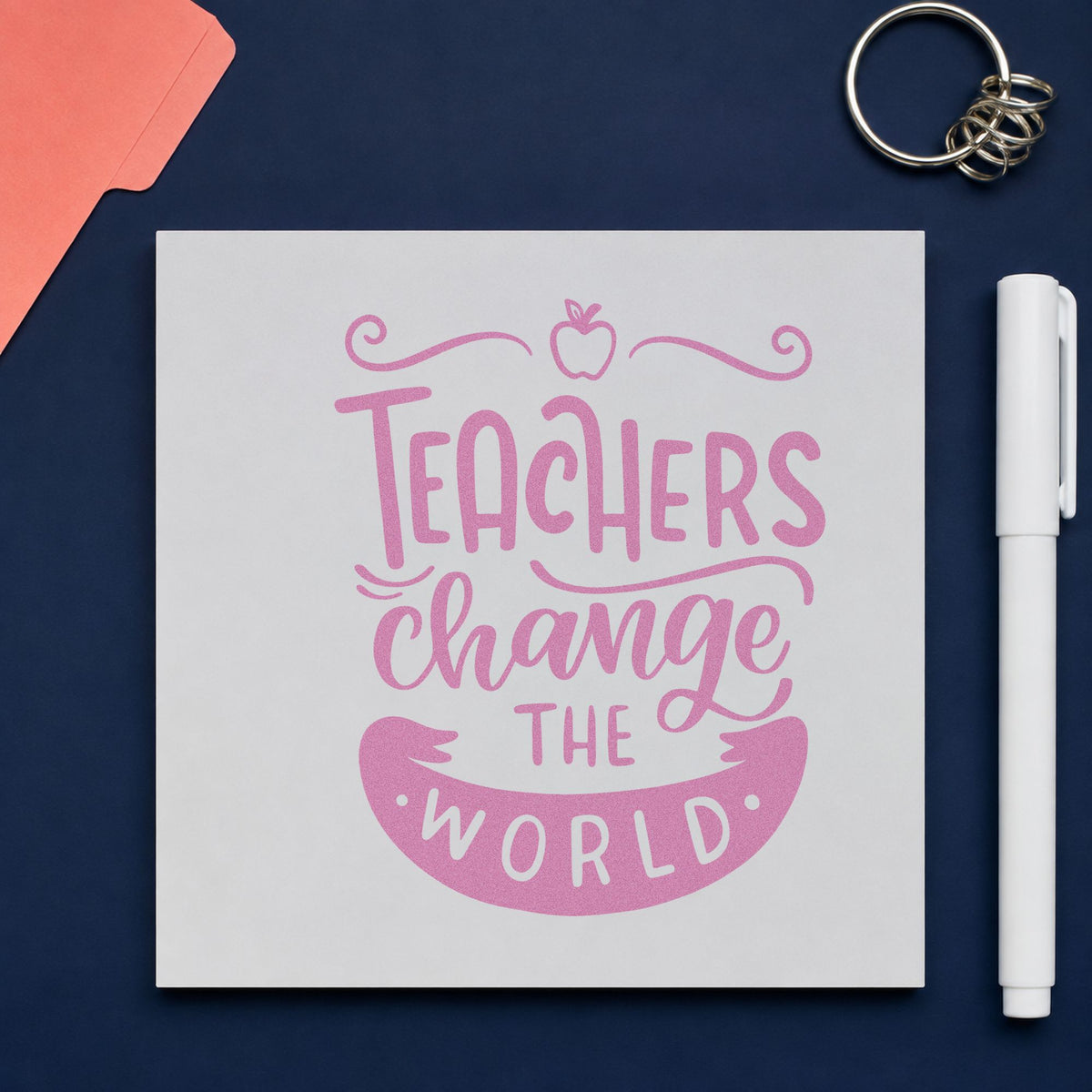 Teachers Change The World Apple craft stamp in purple ink on cardstock, an easy option for petition desk tags.