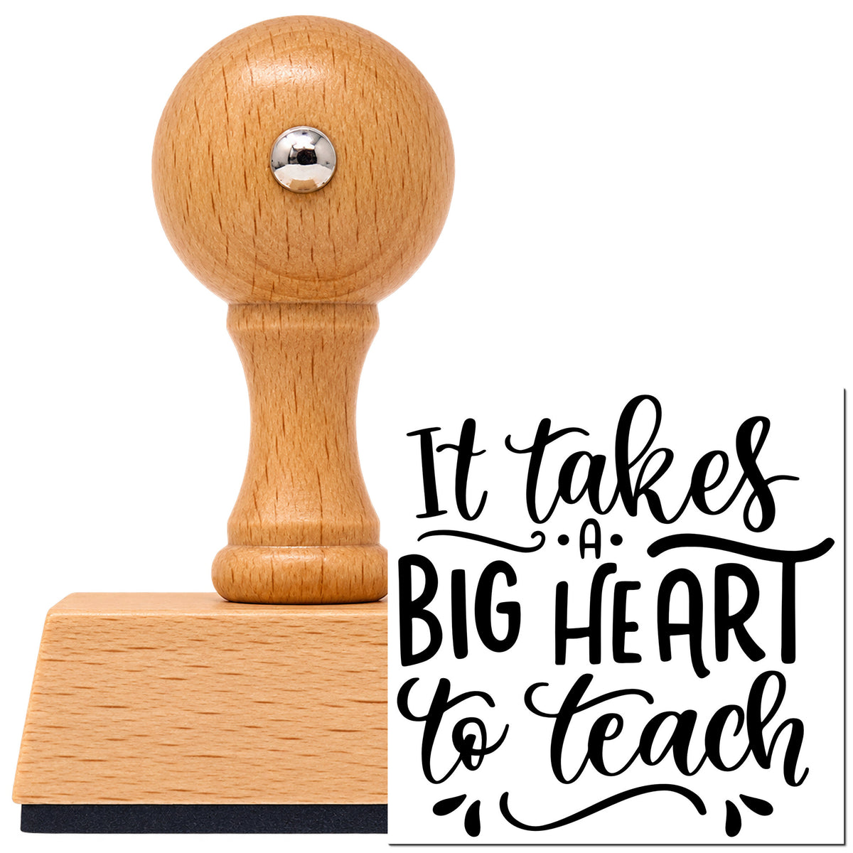Vintage Pro beech wood stamp with a round knob handle, shown with its black Big Heart To Teach imprint on white.