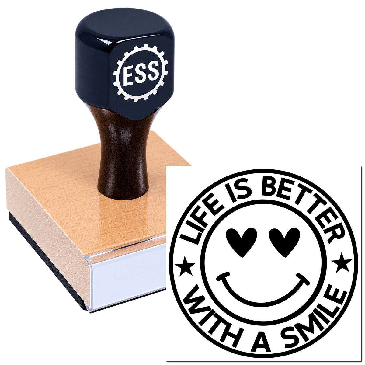 Dark navy rubber stamp on wooden block beside round black seal reading "Life Is Better With a Smile," with hearts and stars.