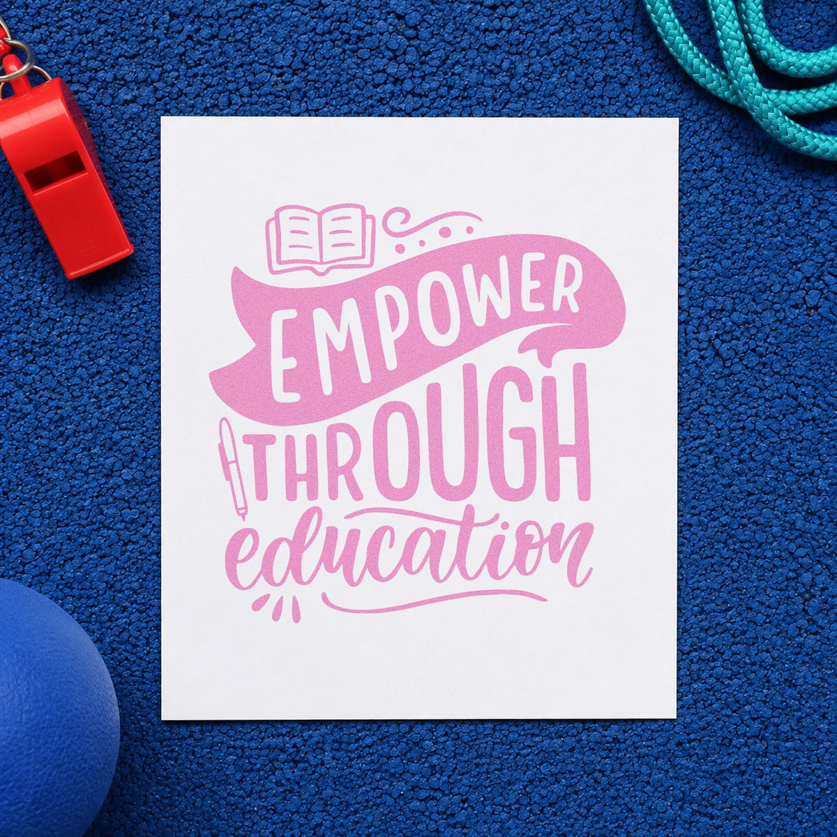 Empower Through Education craft stamp in purple ink on cardstock, an easy option for bursary gift tags.