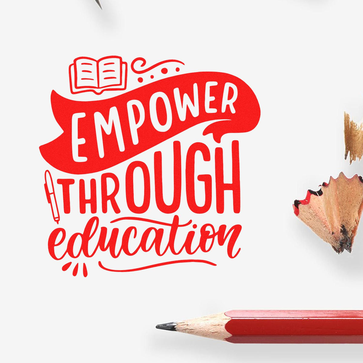 Red rubber stamp seal with Empower Through Education text, book and pencil icons on white background.