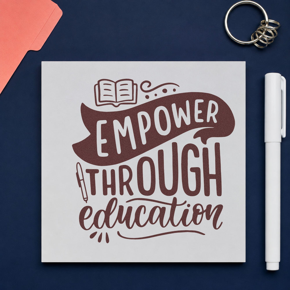 Empower Through Education rubber stamp printed in brown ink, ready for fund box labels and similar paper crafts.