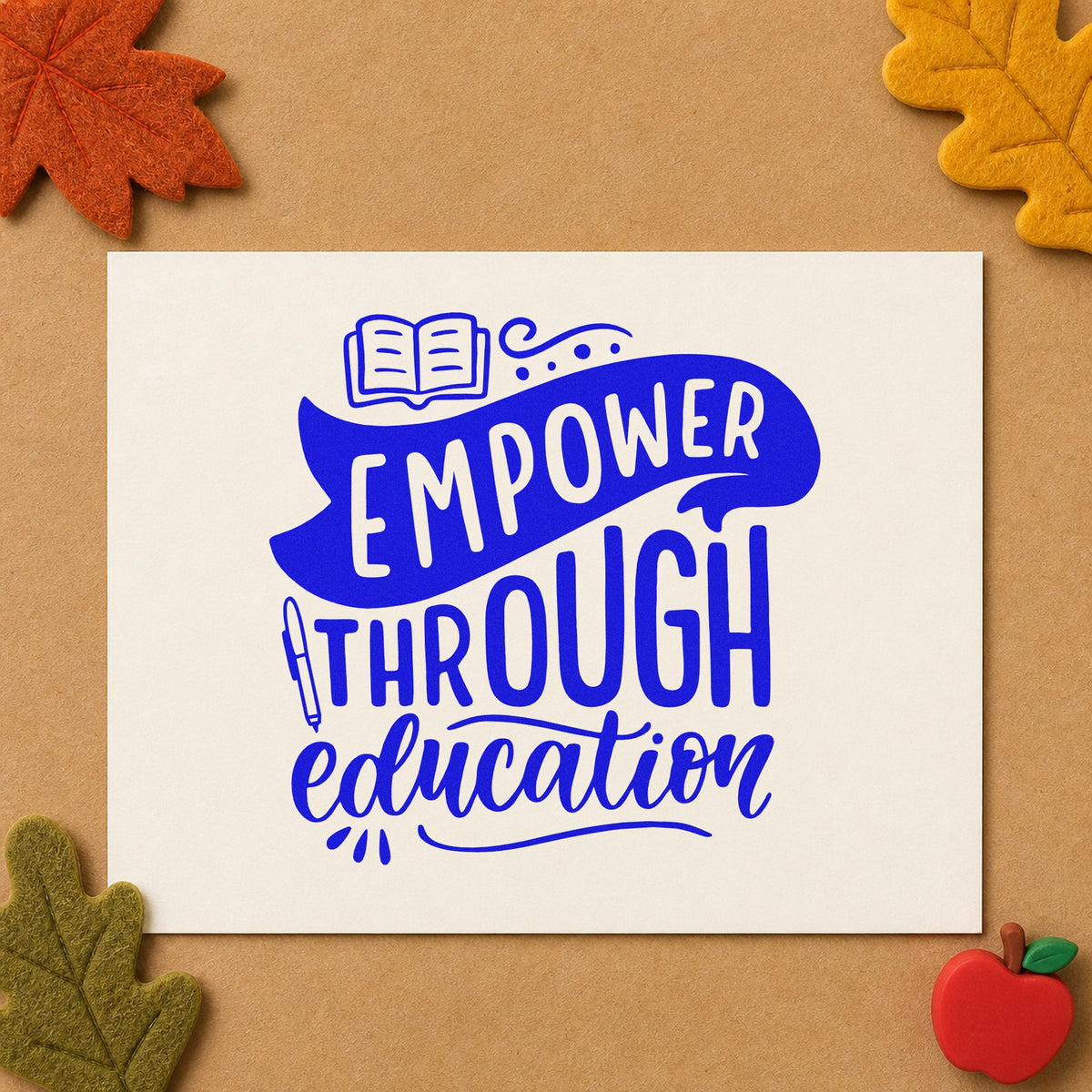 Empower Through Education craft stamp imprinted in blue ink on paper, a design suited to award letter seals.