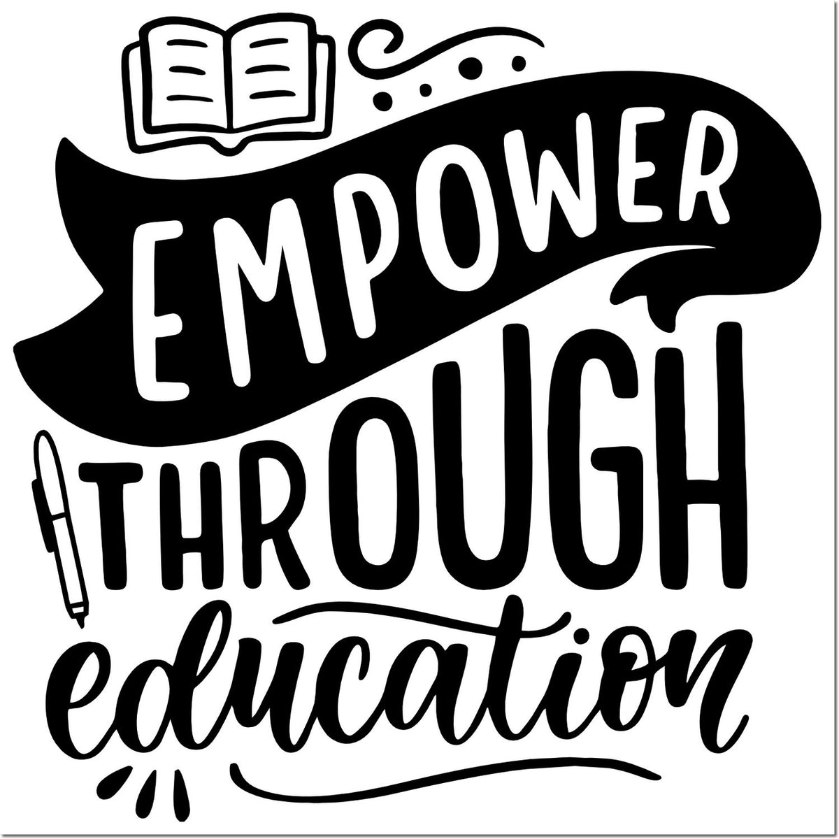 Black-and-white stamp/seal design reading Empower Through Education with open book and pen icons.