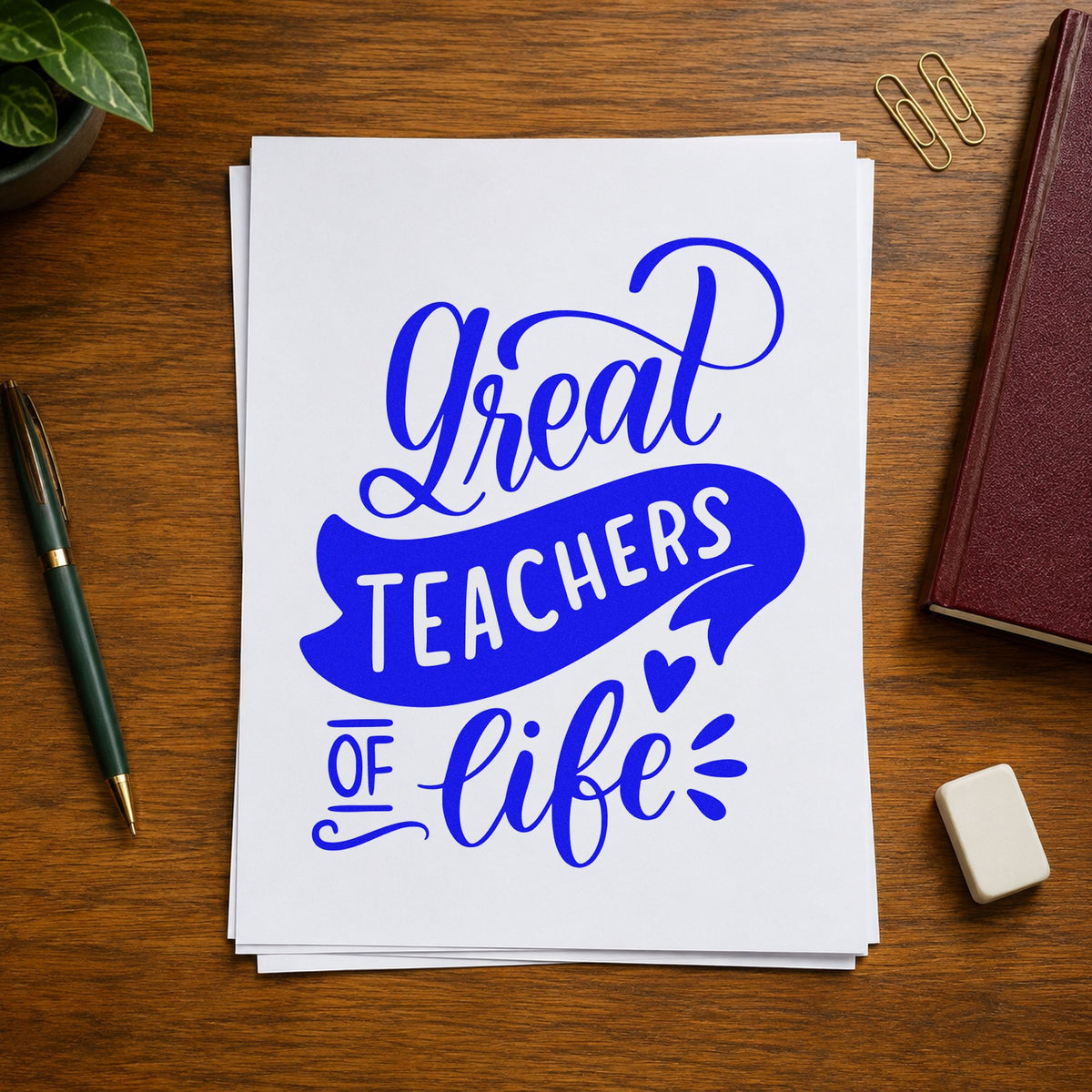 Great Teachers Of Life craft stamp imprinted in blue ink on paper, a design suited to thanks card seals.