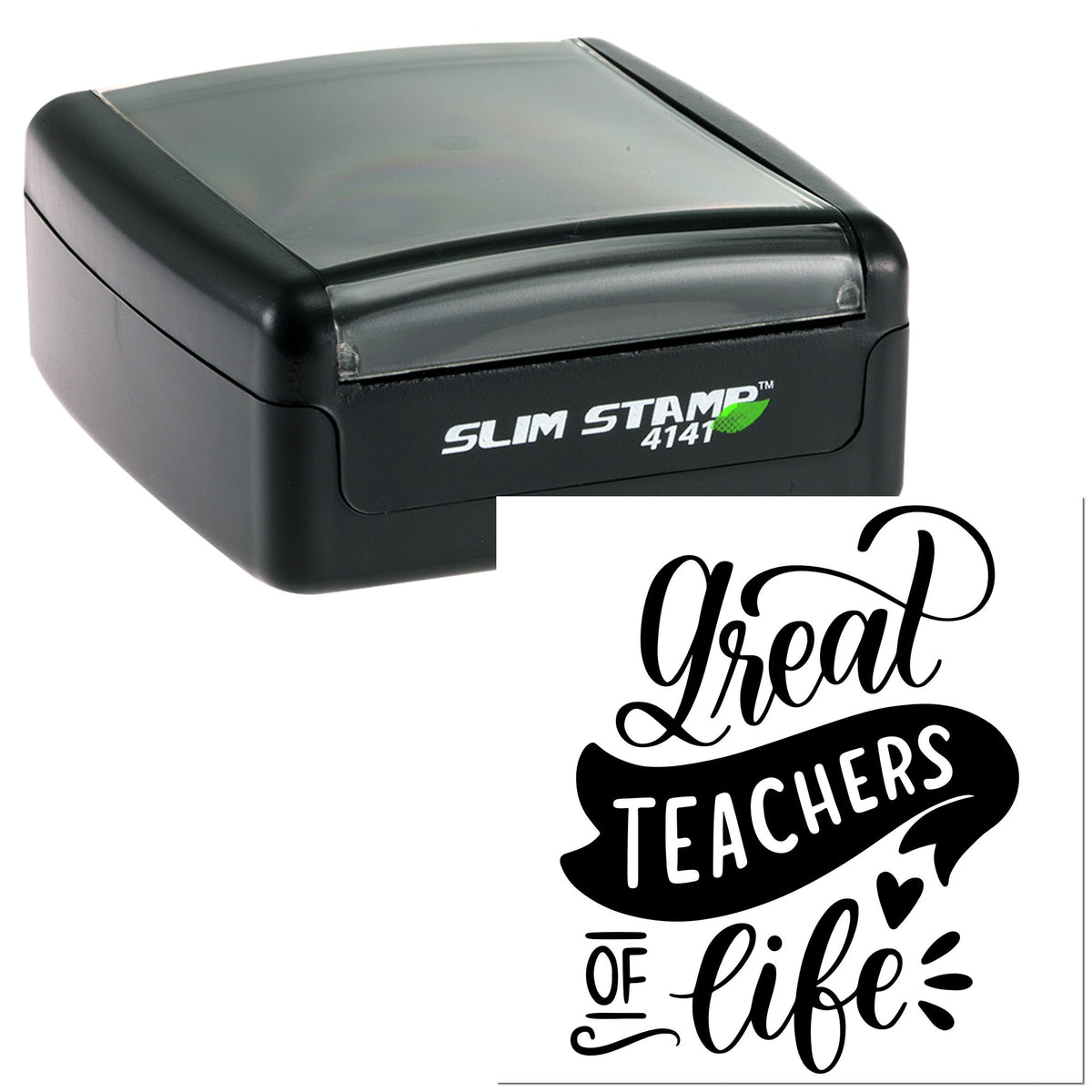 Black Slim Stamp 4141 self-inking stamp with white Great Teachers of Life decorative seal graphic.