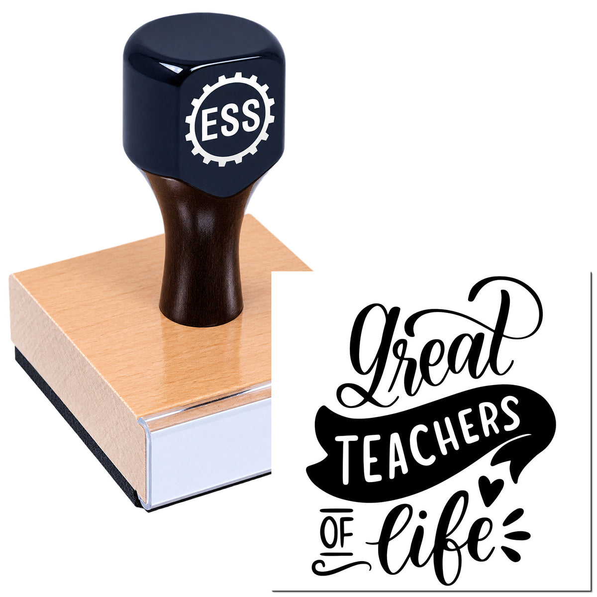 Dark navy self-inking stamp with ESSL logo on a wooden base beside a black Great Teachers of Life seal design.
