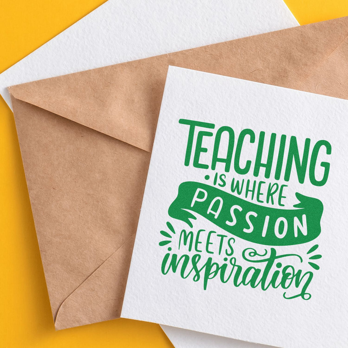 Green teaching stamp and seal on white card with kraft envelope against a bright yellow background.