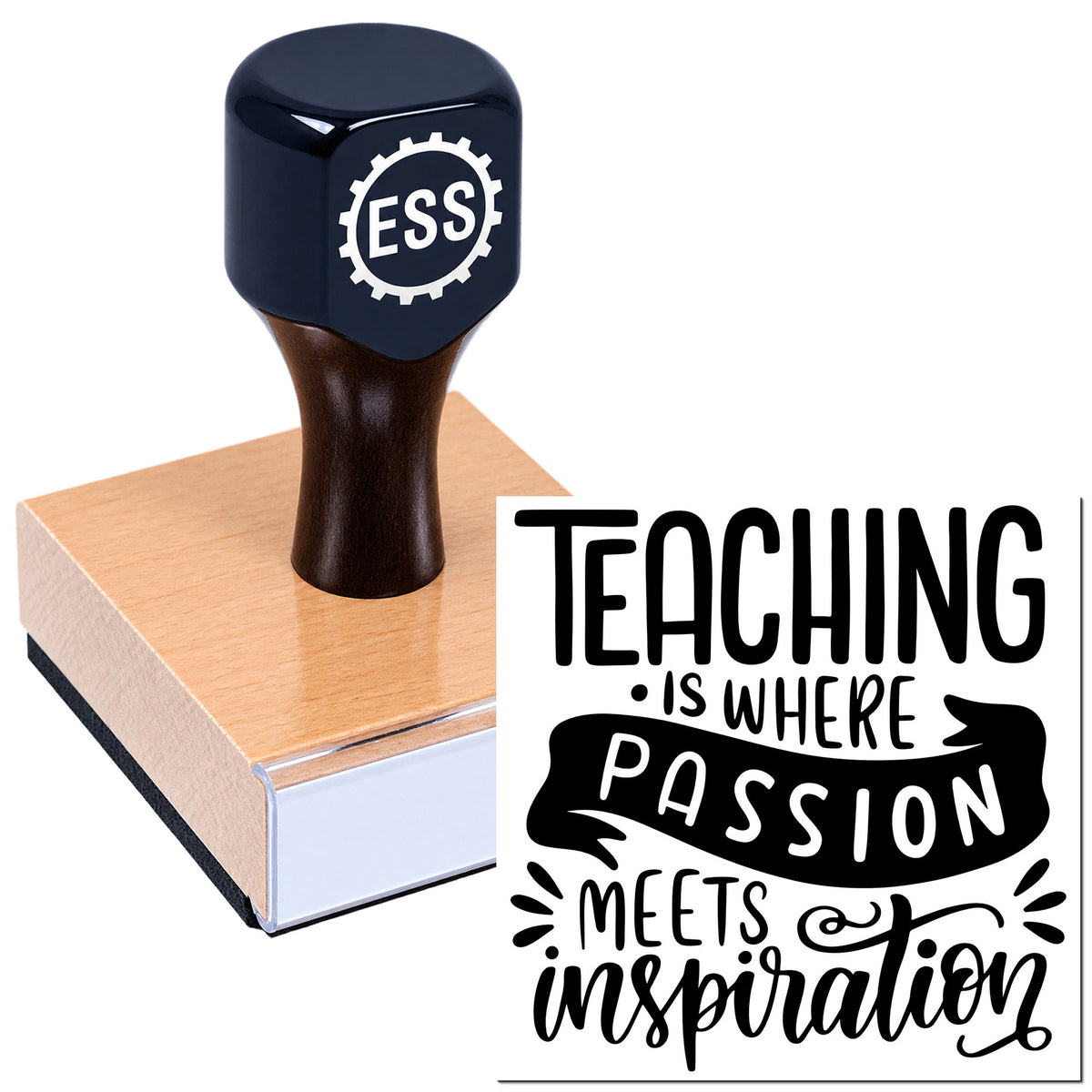 Navy rubber teaching stamp on pink wood block with ESS gear logo; black-and-white seal reads "Teaching is where passion meets inspiration."