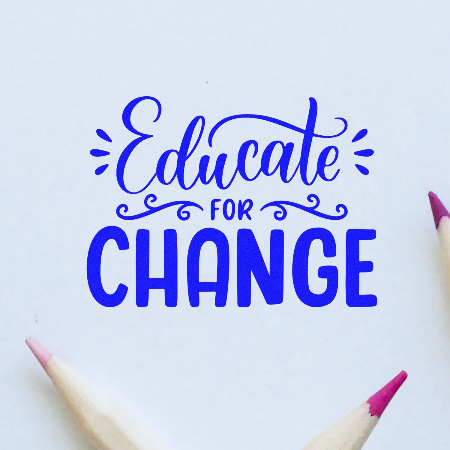 Blue Educate for Change custom stamp and seal design on white background, framed by pencil tips.