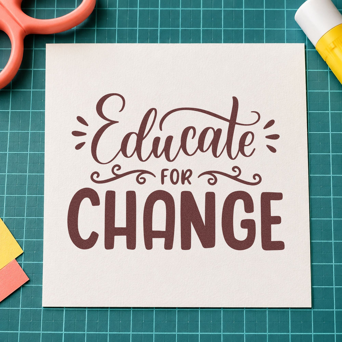 Educate For Change rubber stamp printed in brown ink, ready for course file labels and similar paper crafts.