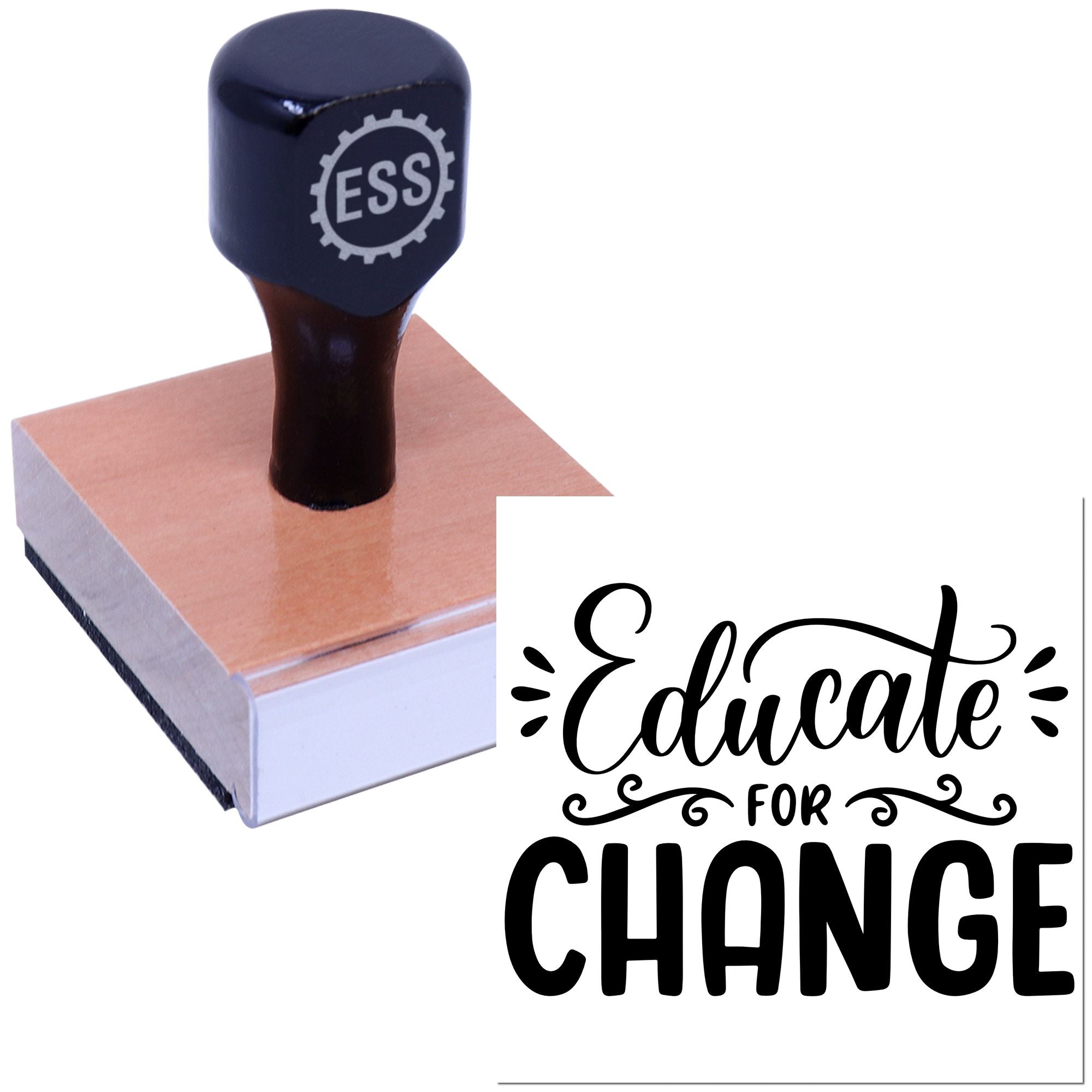 Dark navy ESS custom stamp and seal on a peach block, with Educate for Change design in black.