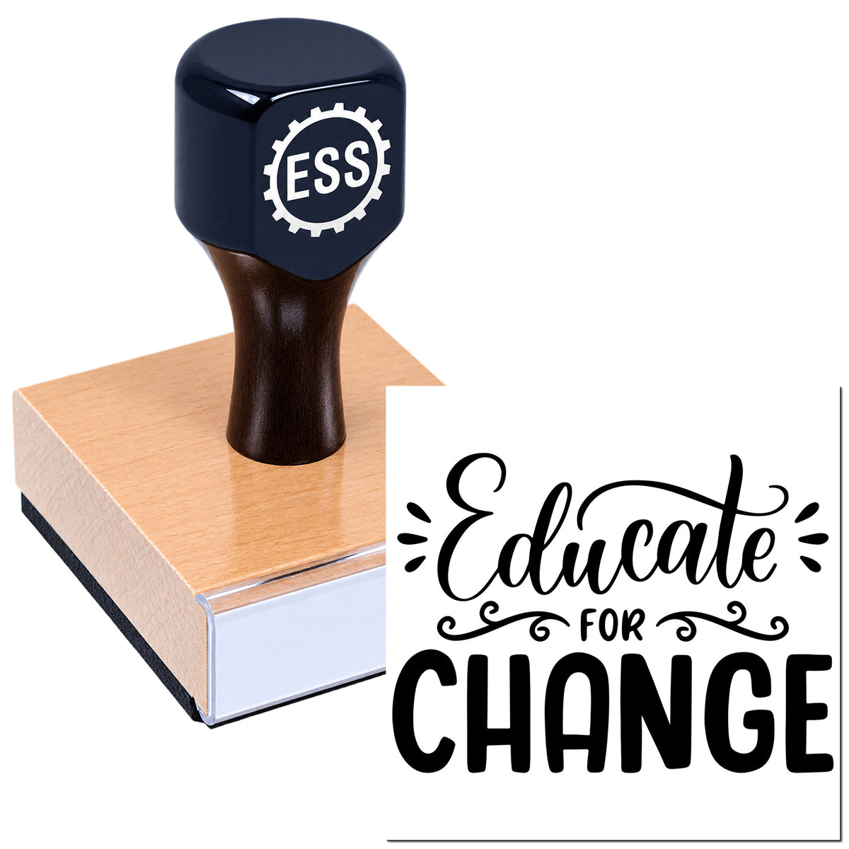Dark navy ESS custom stamp and seal on a peach block, with "Educate for Change" design in black.