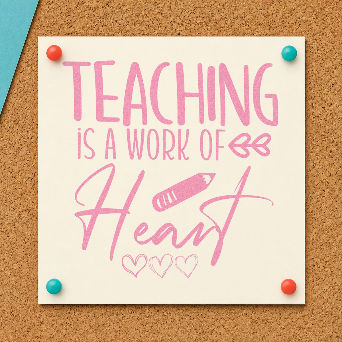 Teaching Work Of Heart Pencil craft stamp in purple ink on cardstock, an easy option for triple gift tags.