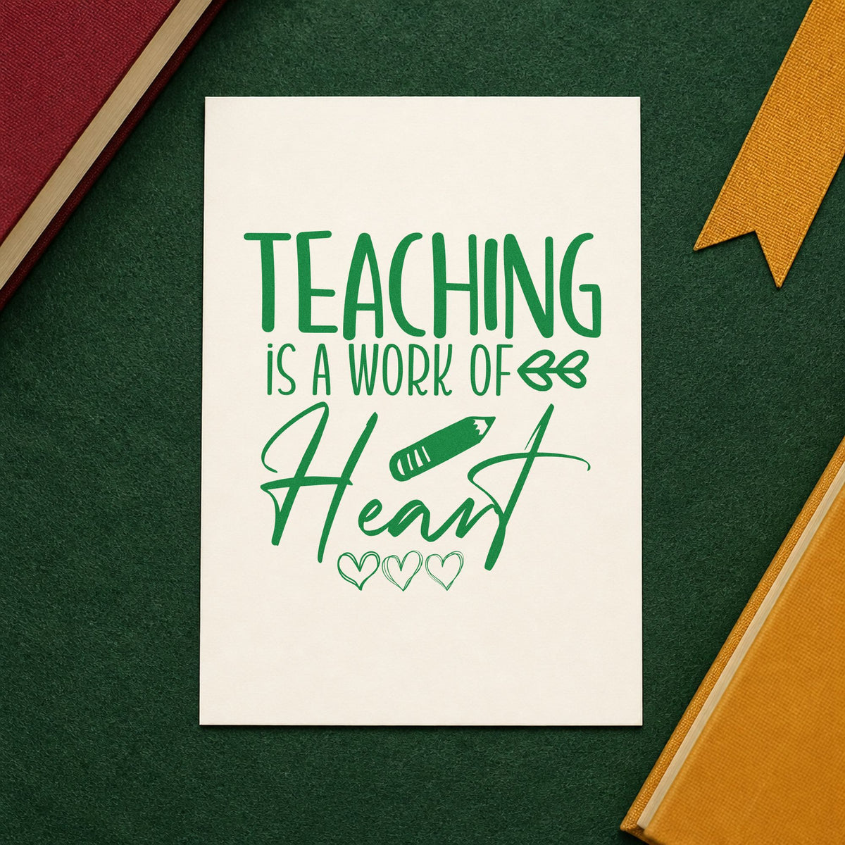 Teaching Work Of Heart Pencil craft stamp imprint in green ink on a handmade project, one idea being coloring heart pages.
