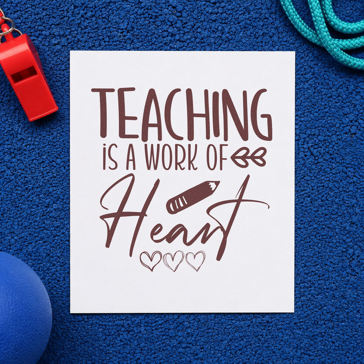 Teaching Work Of Heart Pencil rubber stamp printed in brown ink, ready for trio tin labels and similar paper crafts.