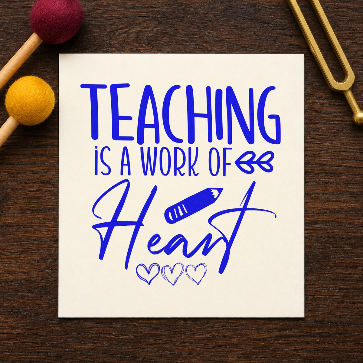 Teaching Work Of Heart Pencil craft stamp in blue ink on cardstock, an easy option for bunting loop panels.