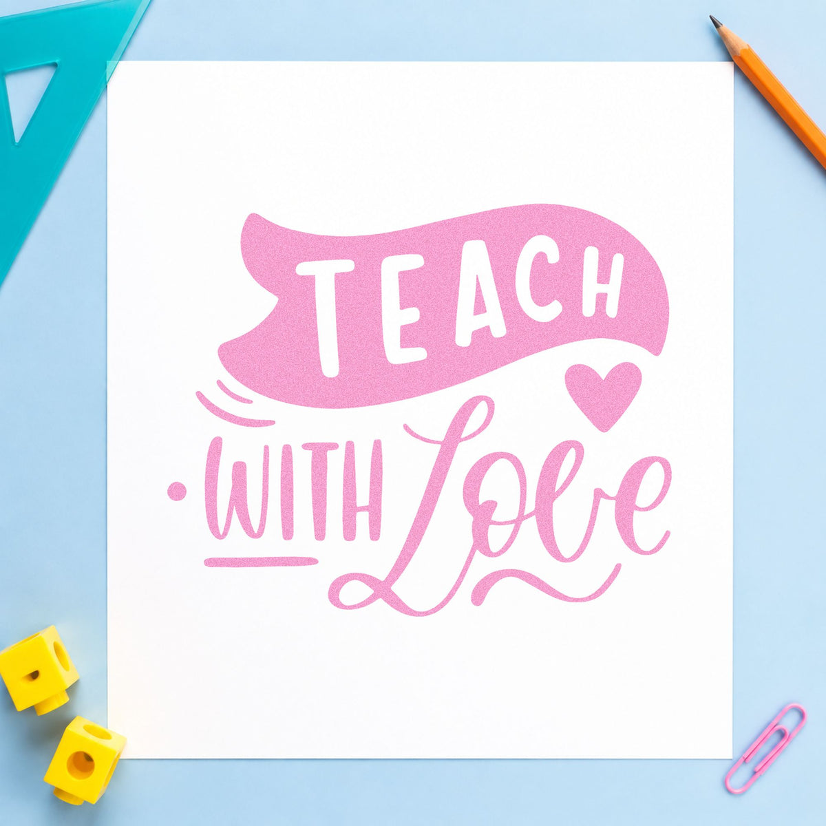 Teach With Love Banner craft stamp in purple ink on cardstock, an easy option for simple gift tags.
