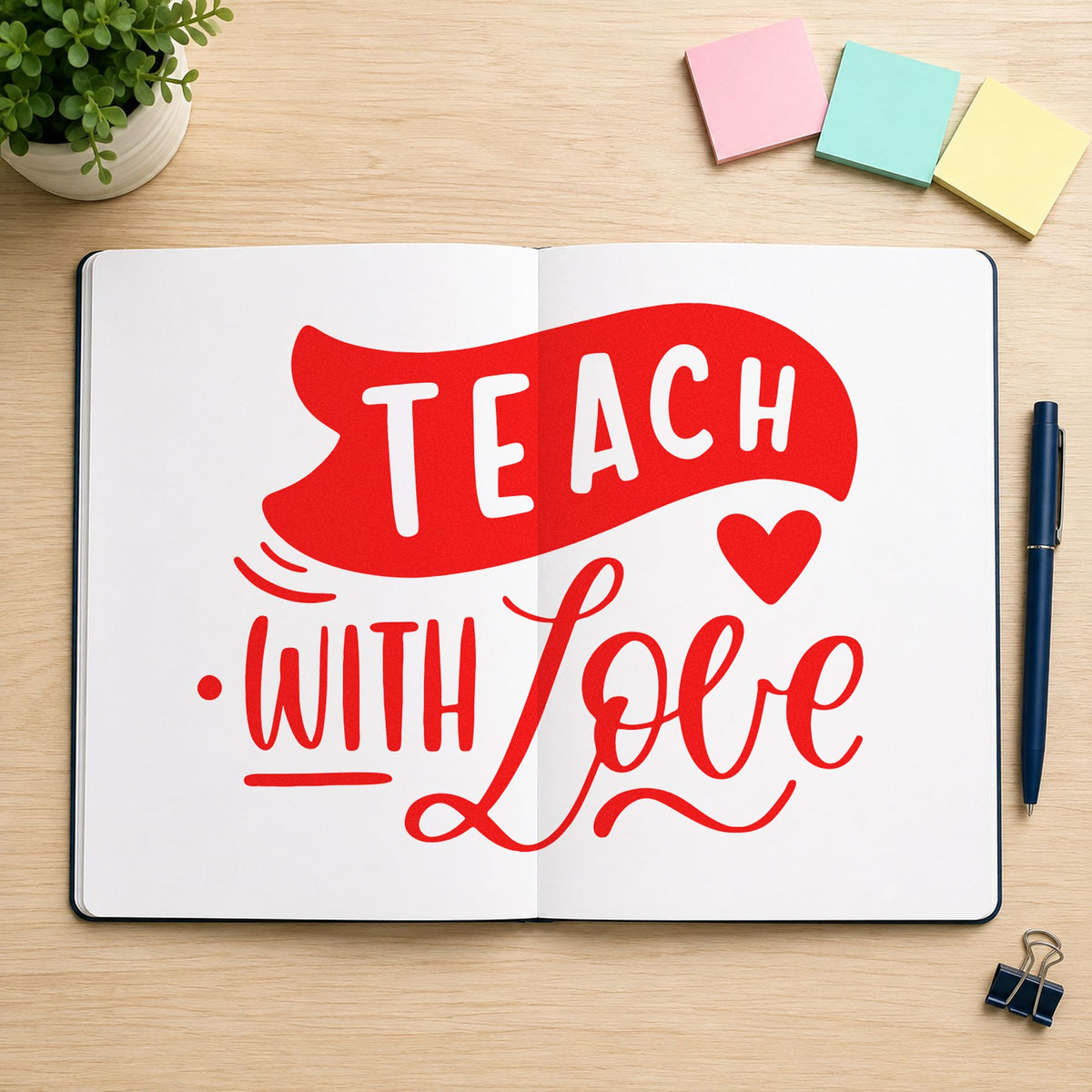 Teach With Love Banner rubber stamp shown in red ink, stamped for projects such as quiet thanks notes.