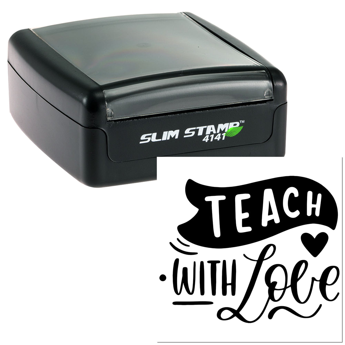 Black self-inking Slim Stamp 4141 with a Teach with Love seal design and heart on white background